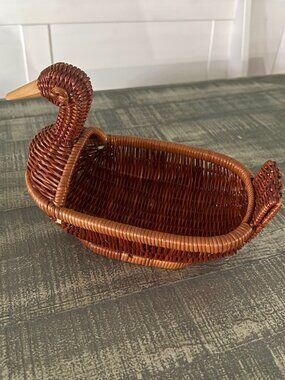 Vintage Wicker Duck Basket Brown Wooden Beak Decorative